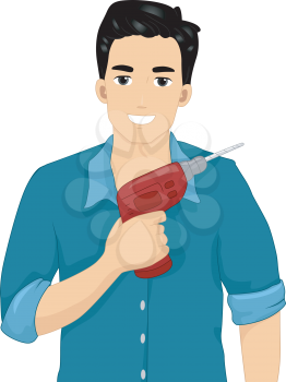 Illustration of an Attractive Man Holding a Red Drill