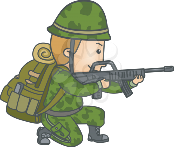 Illustration of a Soldier in Camouflage Uniform Holding a Rifle and Taking Aim