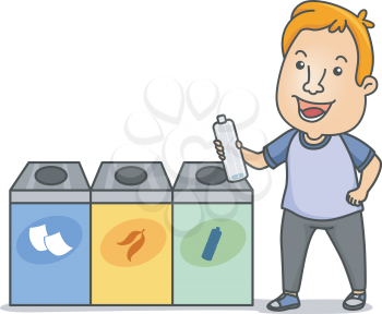 Illustration of a Man Holding a Water Bottle Standing Beside Waste Segregation Bins