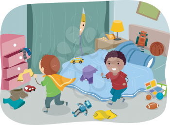 Illustration of a Couple of Boys Playing in a Typical Boy's Room