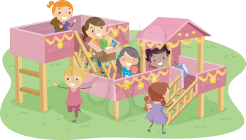 Stickman Illustration Featuring Girls Playing in a Playhouse