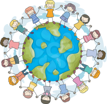 Doodle Illustration Featuring Girls with Hands Linked Together Encircling a Globe
