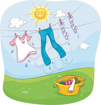 Illustration of the Sun Smiling Happily While Drying Up Clothes Hanging on a Clothesline