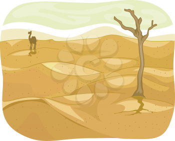 Illustration of a Lonely Desert with a Camel Visible in the Distance