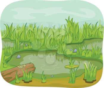Illustration of Wetlands with a Log and Leaves Lying Around