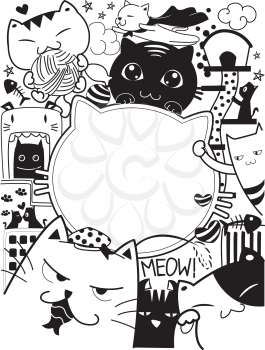 Black and White Doodle Illustration Featuring Cute Cat Antics