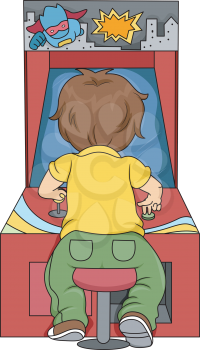 Rear View Illustration of Kid Boy Playing in Arcade