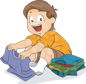 Illustration of Kid Boy Folding Shirts