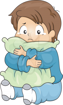 Illustration of Kid Boy Crying while Hugging a Pillow