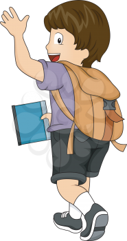 Side View Illustration of a Kid Boy with Backpack Waving his hands
