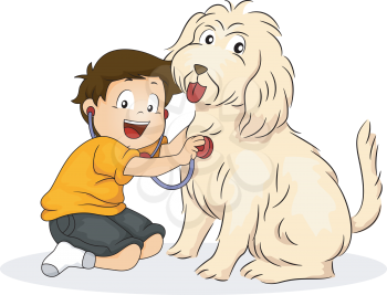 Illustration of a Boy Pressing a Stethoscope Against His Dog's Chest