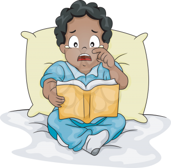 Illustration of an African-American Boy Shedding Tears While Reading a Storybook