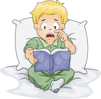 Illustration of a Caucasian Boy Shedding Tears While Reading a Storybook