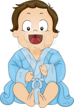 Illustration a Smiling Boy Wearing a Blue Bathrobe
