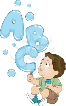 Illustration of a Kid Playing with a Bubble Maker Spouting Letters of the Alphabet