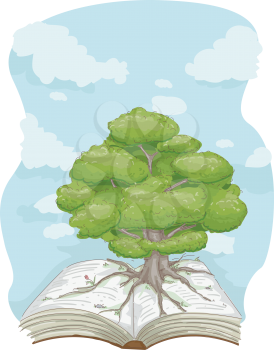 Illustration of a Tree Standing in the Middle of a Giant Book