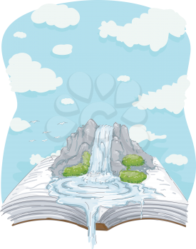 Illustration of a Waterfalls Standing in the Middle of a Giant Book