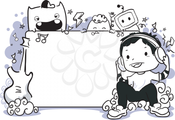 Frame Illustration Featuring Doodle Monsters and a Boy Wearing Headphones