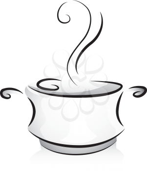 Black and White Illustration of a Pot Filled with Steaming Broth