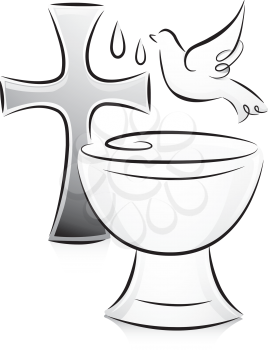 Black and White Illustration of a Dove Hovering Over a Font Placed Near a Cross