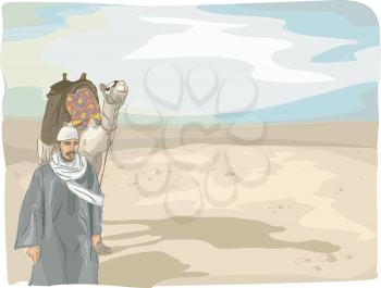 Illustration Featuring a Man Leading a Camel in the Desert