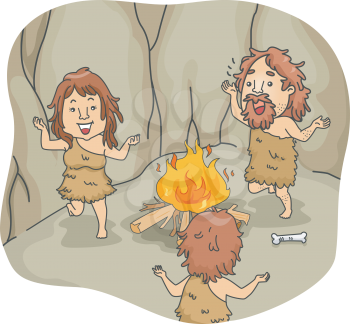 Illustration of a Caveman Family Dancing Around a Bonfire