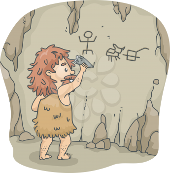 Illustration of a Caveman Etching Figures on the Walls of a Cave Using a Piece of Stone