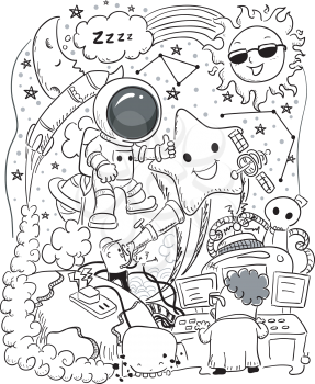 Doodle Illustration Featuring Elements Commonly Associated with Space