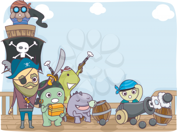 Illustration of a Pirate Crew Composed of Cute Little Monsters Standing on the Deck of the Ship