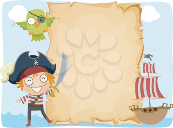Illustration of a Pirate Standing Beside an Unrolled Scroll