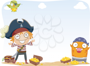 Background Illustration of Pirate and a Monster Surrounded by Gold Coins and Treasure Chests