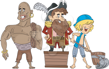 Illustration of Pirate Crew Members Cleaning Under the Supervision of the Captain
