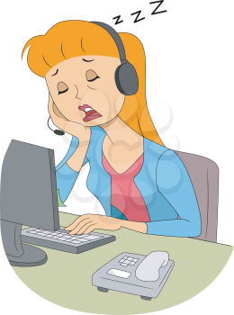 Illustration of a Girl Wearing a Headset Dozing Off in the Middle of Work
