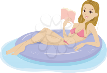 Illustration of a Girl Reading a Book While Lying on a Lifebuoy
