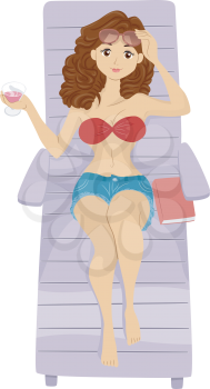 Illustration of a Girl Sunbathing While Lying on a Reclining Chair