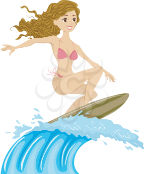Illustration of a Female Surfer Riding the Waves