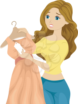 Illustration of a Woman Holding a Beautiful Dress Looking at the Price Tag with Regret