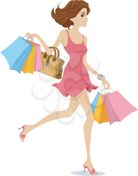 Illustration of a Girl Wearing a Pink Dress Happily Walking Away with Shopping Bags in Tow