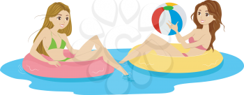 Illustration of Females Sitting on Lifebuoys Playing with a Beach Ball