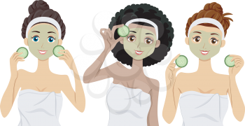 Illustration of Women Wearing Clay Masks on Their Faces Holding Slices of Cucumber