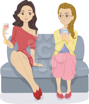 Illustration of a Stylish Girl in Red Sitting Beside a Nerdy Girl in a Party