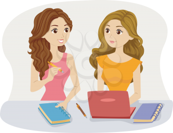 Illustration of Female Roommates Studying Together