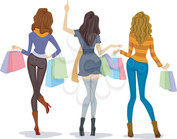 Back View Illustration of Female Shoppers Carrying Shopping Bags