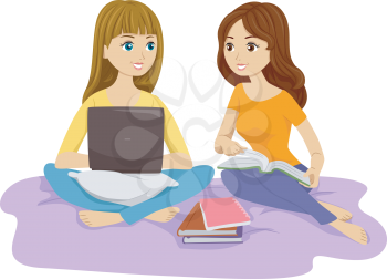 Illustration of Two Females Studying in Bed Together