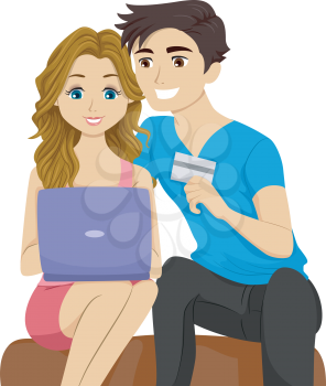Illustration of a Couple Using a Laptop to Shop Online