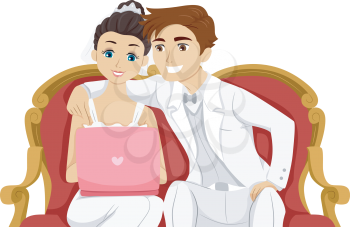 Illustration of a Newlywed Couple Checking Something with Their Laptop