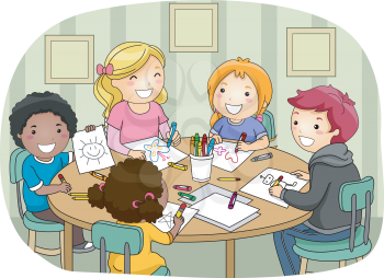 Illustration of a Group of Kids of Different Ages Making Drawings Together