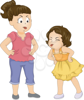 Illustration of a Big Sister and Her Younger Sister Sticking Their Tongues Out While Arguing