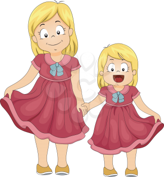 Illustration of Female Siblings Wearing Dresses of the Same Color and Design