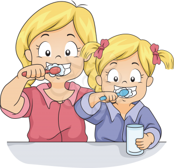 Illustration of Female Siblings Brushing Their Teeth Together